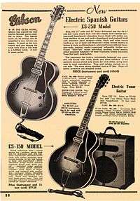 A vintage magazine advertisement for Gibson guitar and combination speaker cabinet/amplifiers is shown.