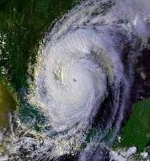 Satellite image of a tropical cyclone in the Western Gulf of Mexico. It covers a large area and has an eye at center.