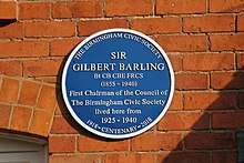 Plaque with the inscription 'Sir Gilbert Barling Bt CB CBE FRCS (1855-1940) First Chairman of the Council of The Birmingham Civic Society lived here from 1925-1940 '