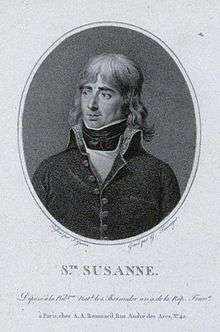 Black and white print with the label Ste SUSANNE and an oval portrait of a man with shoulder-length hair. He wears a simple French Revolution era dark military coat with only a small amount of lace on the collar.