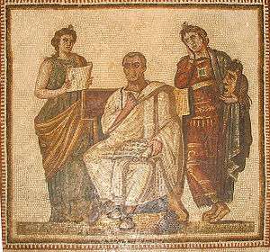 Mosaic of a person sitting between two muses