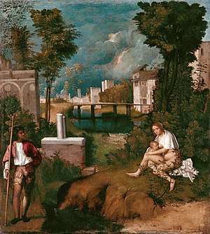 Oil painting. A mysterious landscape with Classical ruins. A man stands to the left, and to the right a nude woman feeds a baby