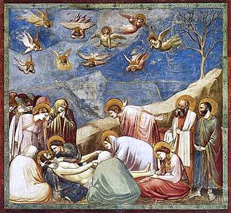  Square fresco. In a shallow space like a stage set, lifelike figures gather around the dead body of Jesus. All are mourning. Mary Magdalene weeps over his feet. A male disciple throws out his arms in despair. Joseph of Arimethea holds the shroud. In Heaven, small angels are shrieking and tearing their hair.