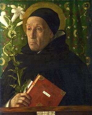 Painting of Saint Dominic, wearing black and holding a book and a lily