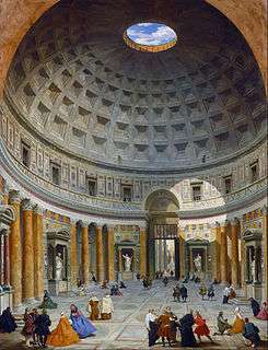 Painting showing a massive room with a high, domed ceiling. A hole is open at the top of the dome. Columns and statues line the walls.