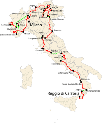 Map of Italy with the route of the 2005 Giro d'Italia