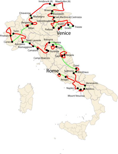 A map of Italy, with the course of the 2009 Giro d'Italia drawn over it in red and green lines