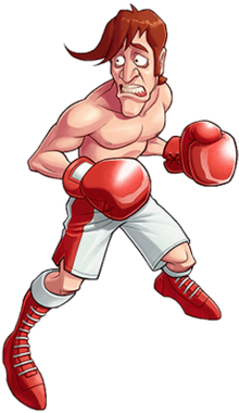 Drawing of a skinny shirtless man with red hair, red boxing gloves, and white-and-red shorts and shoes. He is looking to the left and appears worried.