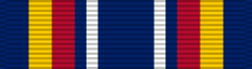 A dark blue military ribbon with a thick yellow stripe, thick red stripe, space and then a white stripe, then mirrored on the other side