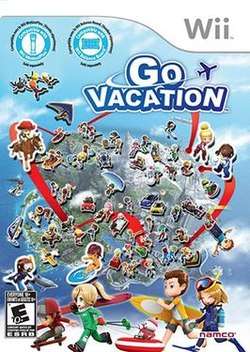 A boy, a girl, and a dog stand on the shore of a island resort. In the background, two riders on horseback, a monorail, a hang glider, and a lodging facility are shown in front of a blue mountain. The words "Go Vacation" appear in the middle of the picture with the outline of a small plane flying past them.