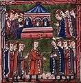 Men praying by a tomb and a man surrounded by a dozen men