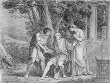 Orestes, a curly-haired young man in a Greek robe, is seated before a small group of trees, clasping the right hand of another Greek man, who is standing with his left hand on the seated man's arm. Standing to their left but in the right of the painting is a tall, robed woman of elegant bearing. Behind her are two columns of a classic Greek temple. Low mountains are in the far background.