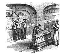 Drawing of workers melting gold in 1870