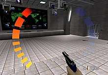 A room with a large monitor displaying a world map. A hand holding a gun is shown at the right bottom corner. Around the image are graphic symbols representing the player's health, ammunition, and armour levels.