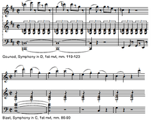 An illustration from Bizet's opening movement of his Symphony in C in which he quotes Gounod's symphony in D