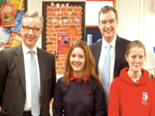 Secretary of State for Education, Michael Gove MP, with the Conservative Member of Parliament for Stockton South, James Wharton, and two students from Conyers School in Yarm, North Yorkshire.