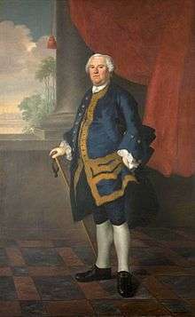 A full length portrait of Benning Wentworth. He faces left, looking toward the painter. Dressed in a blue suit, his right hand rests on a cane. In the background is a window through which a tropical view is visible.
