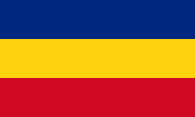 A horizontal tricolor with (from top to bottom) blue, yellow, and red.