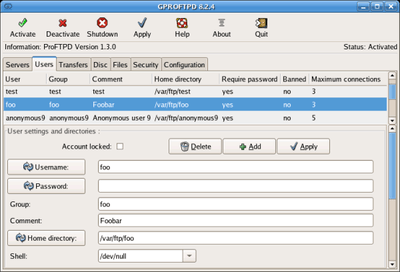 Screenshot of GAdmin-ProFTPD showing the user administration tab.