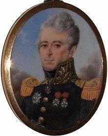 Oval painting shows a gray-haired man with a thin nose wearing a dark blue military uniform with gold epaulettes and a high collar.
