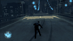 Player character Niko Bellic walks down a road while intoxicated, followed by driving in a car while intoxicated. In both scenes, the gameplay vision is blurred and shaky.