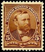 Image of first Grant U.S. postage stamp, issued in 1890, brown, five cents.
