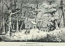 A black-and-white drawing of a log cabin
