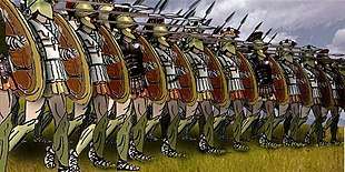 Soldiers armed with spears and shields standing in a line