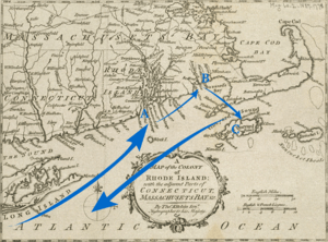 A 1778 map annotated to show the expedition's general route.  A marks Newport, Rhode Island, B marks New Bedford and Fairhaven, Massachusetts, and C marks Martha's Vineyard.