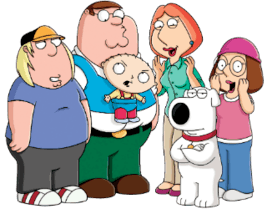 A group picture of a cartoon family, with a father, mother, son, daughter, baby and dog.