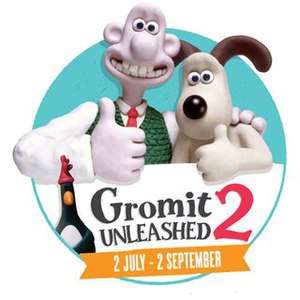 Logo of Gromit Unleashed 2, featuring Wallace, Gromt and Feathers McGraw, as well as the dates '2 July - 2 September', which was the dates of the sculpture trail.