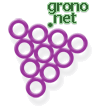 Ten hollow purple circles arranged in a slanted 2D pyramid shape. The words "grono net" are positioned to resemble the stem of a bunch of grapes.