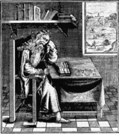 A man sits on a large ornate chair, resting his left elbow on a desk, his clenched fist supporting his head. In his right hand, at his waist, he holds a walking cane. He wears a cloak and a long beard, and his slippered feet rest on a chequered or tiled floor.  On the desk lies an open book.  Above his head the wall contains a shelf, filled with books.  A picture hangs from the wall showing a country scene with a large mansion or castle