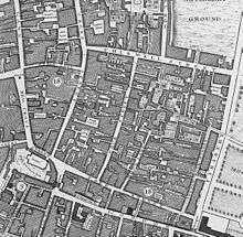 A hand-drawn colourless map shows a narrow network of streets and alleys.  Each is named.  The Church of St Giles is visible, as are parts of Moorfields to the east.