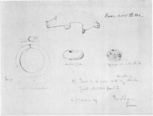 Pencil drawing from 1882 to 1883 of the Guilden Morden boar and other objects found with it