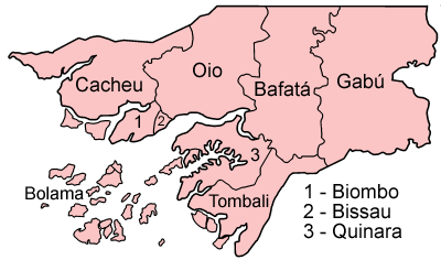 A clickable map of Guinea-Bissau exhibiting its eight regions and one autonomous sector.