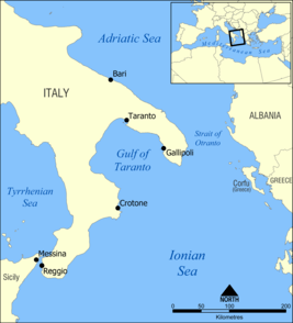 A map showing the Strait of Otranto. The southeastern tip of Italy can be seen on the left, with the coast of Albania appearing on the right.