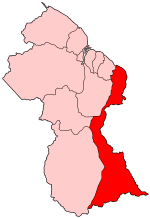 Map of Guyana showing East Berbice-Corentyne region