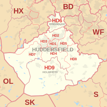 HD postcode area map, showing postcode districts, post towns and neighbouring postcode areas.