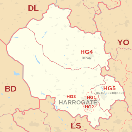 HG postcode area map, showing postcode districts, post towns and neighbouring postcode areas.