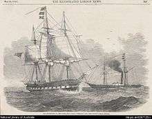 Etching of HMS Herald from the London Illustrated News with the steamship Torch in the background