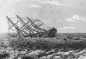 Drawing of a three-masted ship sinking at the bow, its hull almost completely submerged. In the foreground are the jagged outlines of a coral reef.