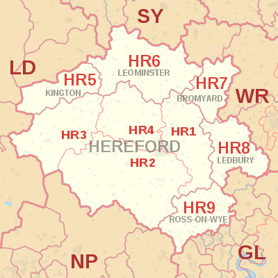 HR postcode area map, showing postcode districts, post towns and neighbouring postcode areas.