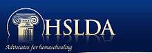 Logo of the Home School Legal Defense Association, consisting of the top of a pillar in a circle and the text "HSLDA: Advocates for homeschooling" in gold ink on a dark blue background.