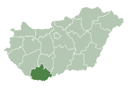 Map of Hungary highlighting Baranya County