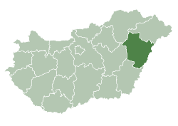 Map of Hungary highlighting Hajdú-Bihar County