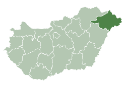 Map of Hungary highlighting Szabolcs-Szatmár-Bereg County