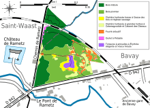 Map locating the habitats of the reserve: in northern and western boundaries, mature woodland; the rest of the site is occupied by open habitat or pioneer wood; tall-herb fringes with butterbur are located along the path Chemin de Rametz