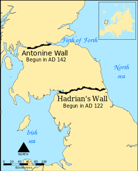 map of the UK with Antonine wall and Hadrian's wall