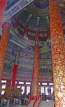 A richly decorated interior in red, blue, green and gold with many intricate designs, rising to a ceiling above the upper bound of the image